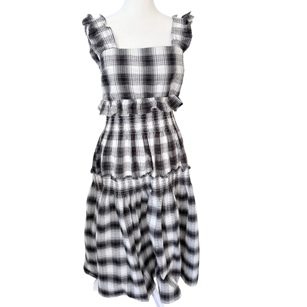 BB Dakota‎ Steve Madden Prairie Life Black White Plaid Smocked Midi Dress M